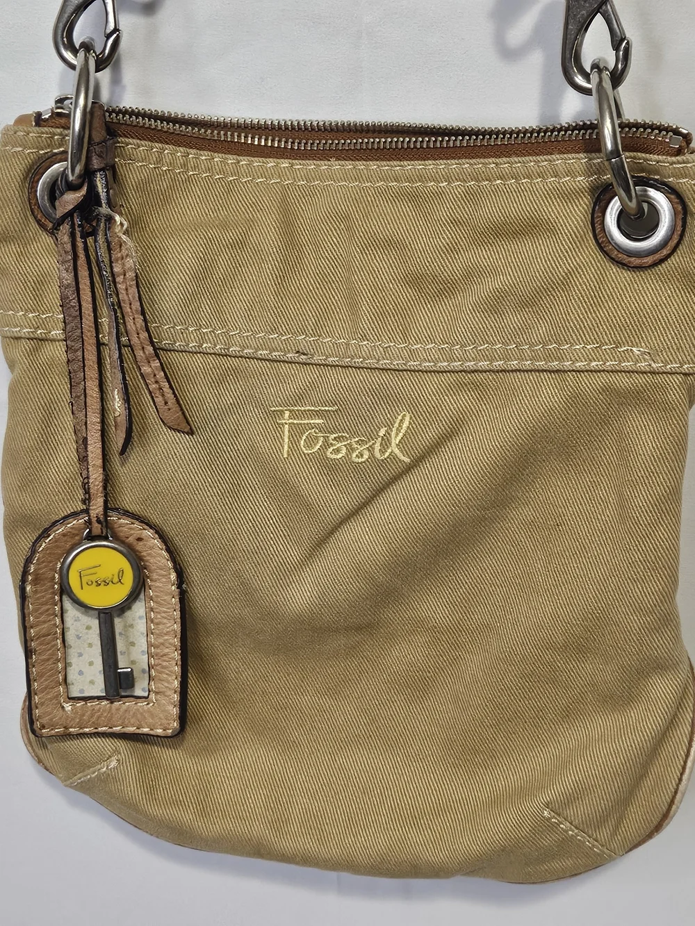Vintage Fossil Y2K Khaki Canvas Crossbody Utility Field Bag Leather Trm Boho 90s